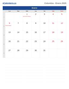 Calendario 2025 Enero