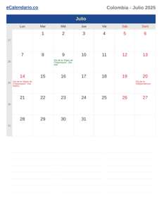 Calendario 2025 Julio