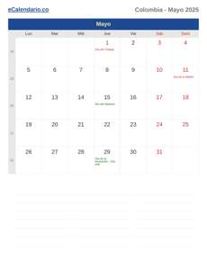 Calendario 2025 Mayo