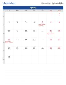 Calendario 2026 Agosto