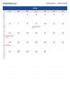 Calendario 2026 Julio
