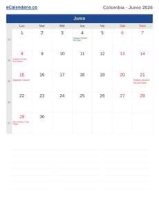 Calendario 2026 Junio
