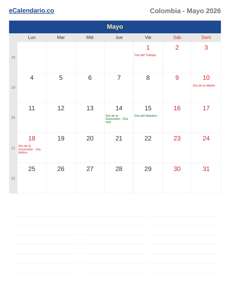 Calendario 2026 Mayo