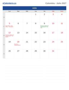 Calendario 2027 Julio