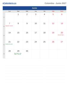 Calendario 2027 Junio