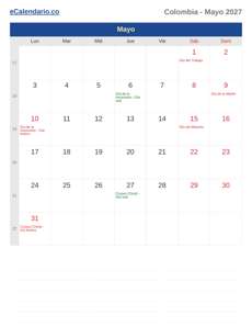 Calendario 2027 Mayo