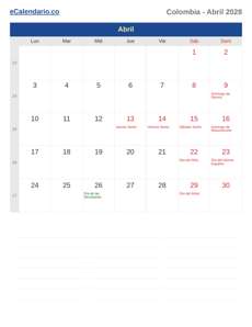 Calendario 2028 Abril