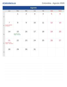 Calendario 2028 Agosto