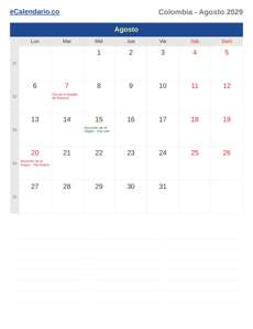 Calendario 2029 Agosto