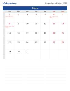 Calendario 2029 Enero