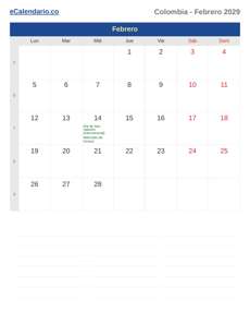 Calendario 2029 Febrero
