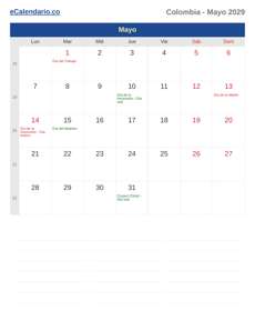 Calendario 2029 Mayo