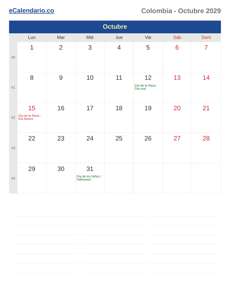 Calendario 2029 Octubre